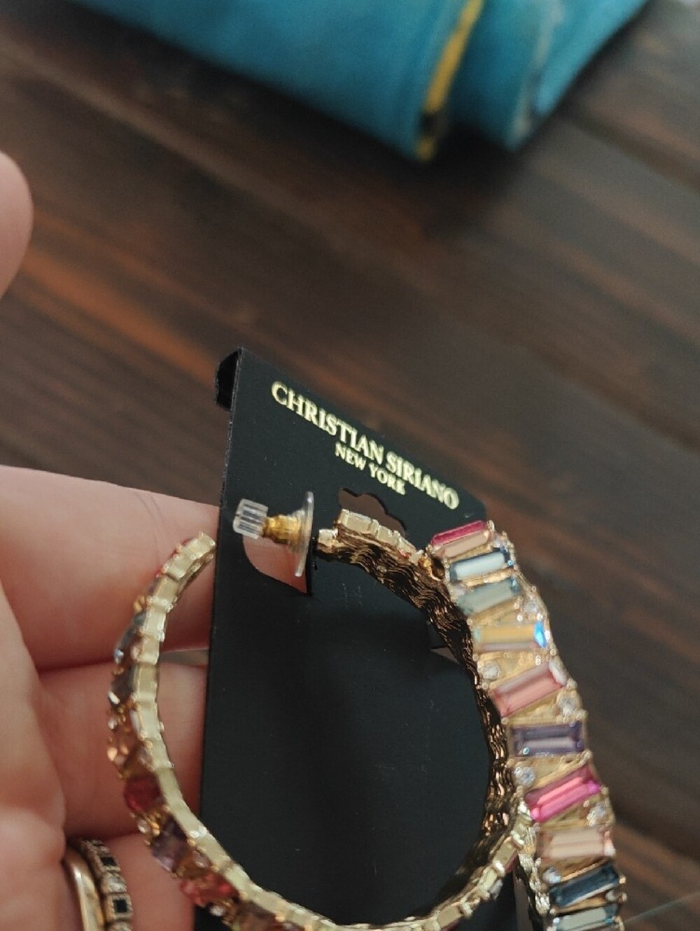 Christian Siriano Gold Hoop Earrings with Multicolored Stones AA22 6777 - Picture 3 of 3